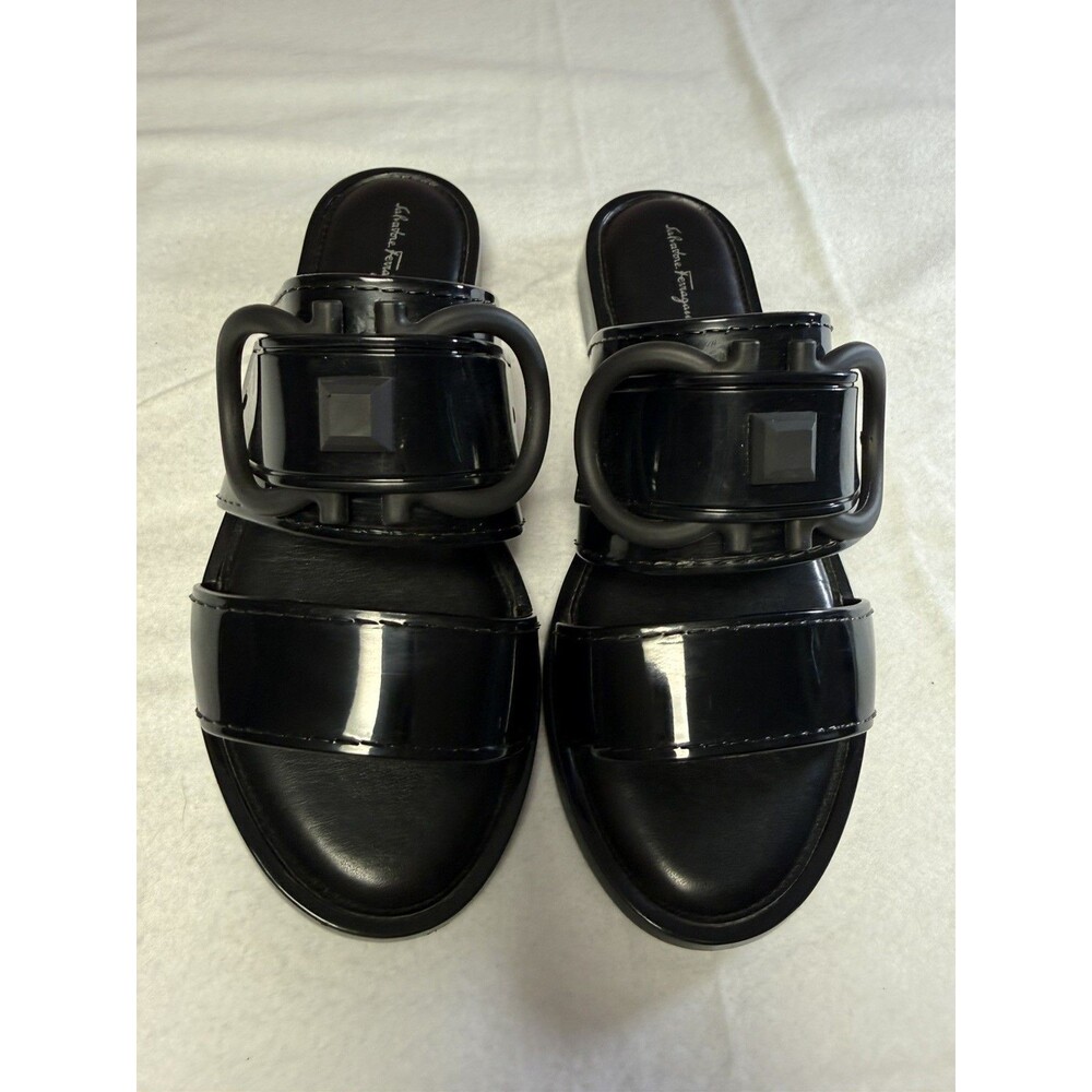 Salvatore Ferragamo Women’s Black patent jelly Slide Sandals Slip-On Buckle 8C